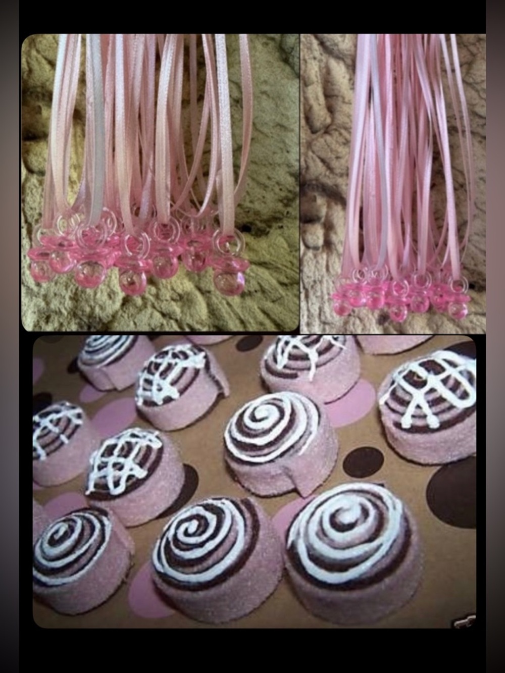 Pink Shower Pacifier Necklaces favor Necklaces & cinnamon roll Set 24 set of 2